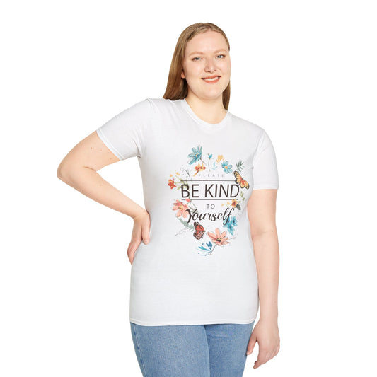 Please Be Kind to Yourself T-Shirt | Inspirational Tee, Self-Care Apparel, Butterfly Graphic Shirt, Gift for Friends, Motivational Quote Tee